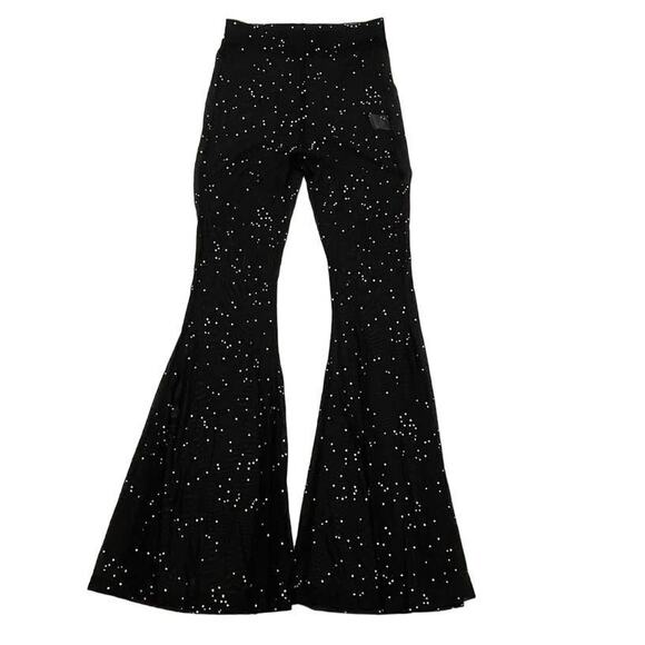 high waist small black sheer mesh studded flare leg pant club rave P2 4559 - Picture 9 of 11